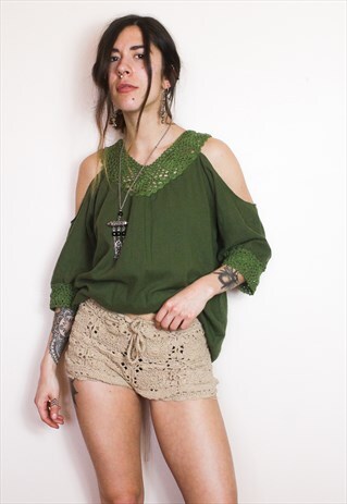 FAIRTRADE OLIVE CROCHET COLD SHOULDER TOP