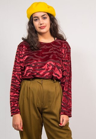 VINTAGE 90'S RED VELVET MESH ANIMAL TIGER PRINT TOP