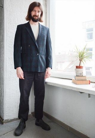 Vintage 70's Blue Checked Wool Double Breasted Blazer