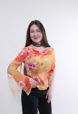 Vintage flower blouse, orange sheer summer blouse, Size M