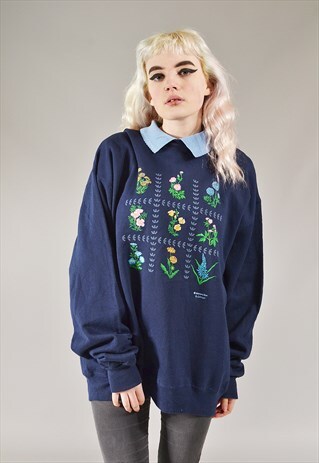 VINTAGE FLORAL GRID SWEATSHIRT NAVY BLUE