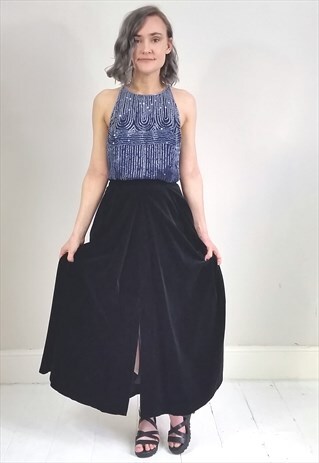 VINTAGE 80'S BLACK VELVET MIDI SKIRT WITH SPLITS