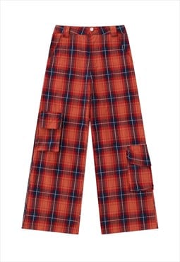Tartan joggers check print pants gingham cargo trousers red