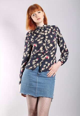 VINTAGE 70S ABSTRACT PATTERNED FITTED SHEER BLOUSE TOP