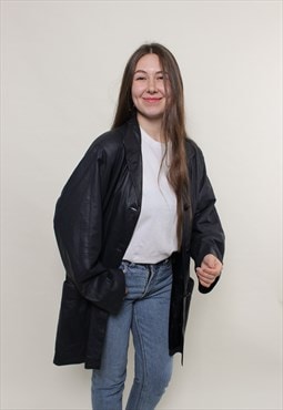 90s blue leather trench coat, vintage light trench jacket