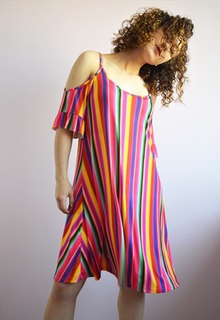VINTAGE 90S COLORFUL BEACH FESTIVAL OFF-SHOULDER MINI DRESS