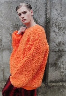 Fluffy fleece sweater drop shoulder y2k grunge top in orange