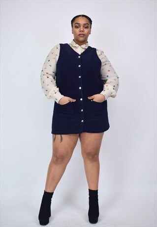 VINTAGE 90'S NAVY CORDUROY PINAFORE DRESS WITH BUTTONS