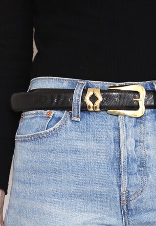 VINTAGE 80S BLACK LEATHER GOLD BUCKLE BELT