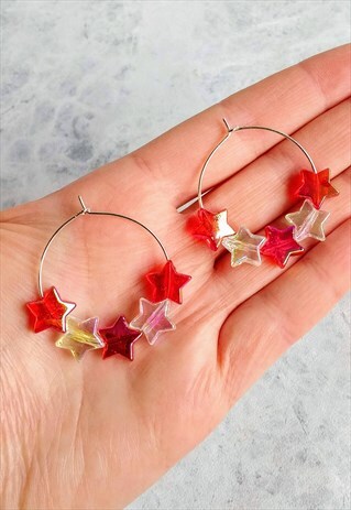 RED IRIDESCENT CANDY STAR HOOP EARRINGS