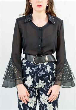 Vintage sheer shirt in black with bell shaped sleeves