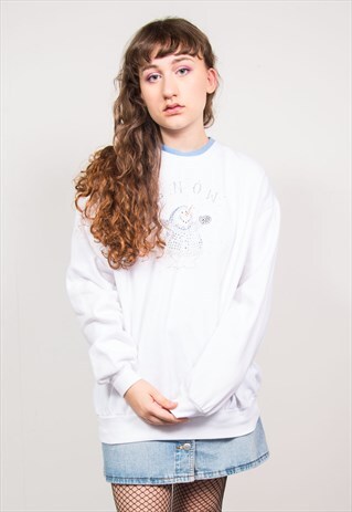 VINTAGE 90'S WHITE SNOWMAN GEM PRINT SWEATSHIRT JUMPER