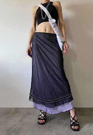 Y2K 00S VINTAGE PURPLE MAXI SKIRT WITH MESH OVERLAY