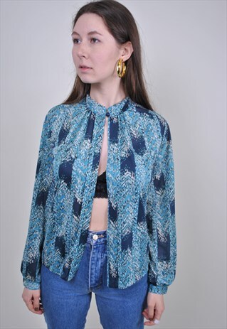 90S ABSTRACT PRINT BLUE BLOUSE, VINTAGE PARTY EVENING BLOUSE