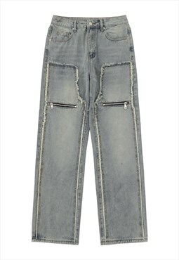Patch work jeans retro cowboy denim pants in bleached blue