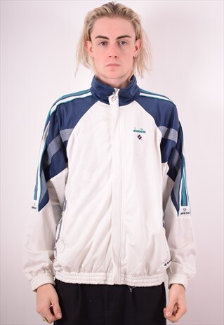 DIADORA MENS VINTAGE TRACKSUIT TOP JACKET LARGE WHITE 90S