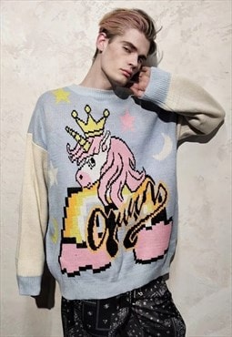 Unicorn sweater rainbow top horse knit jumper pastel blue