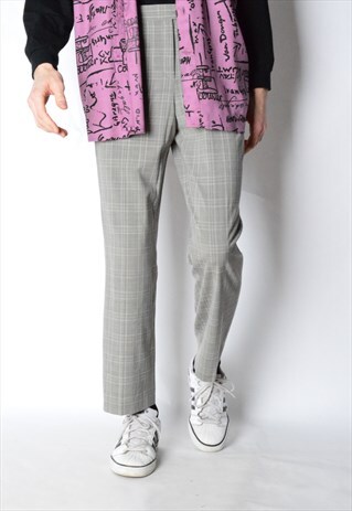 VINTAGE 80S UNISEX GREY CHECK WOOL BLEND PANTS
