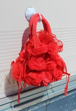 VINTAGE 90S HOT RED RIBBON LACE ROSE UNIQUE TRASHY HANDBAG