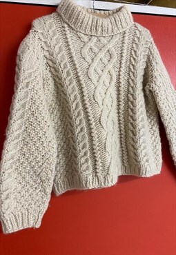 Y2K Cream Cable Knitted Jumper Wool Knit Roll Neck Medium