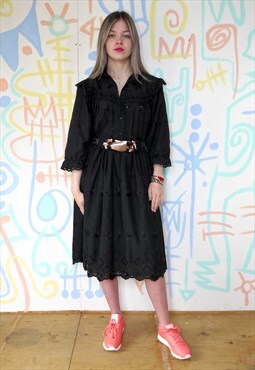 Dress Vintage 80s Black Knee Length Lace Loose Size X Large