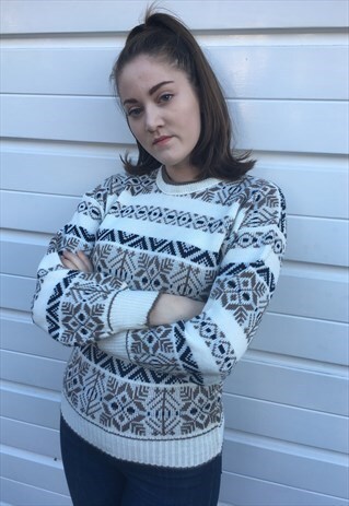 WOMENS VINTAGE 80S JUMPER CREAM BROWN NORDIC PATTERNED