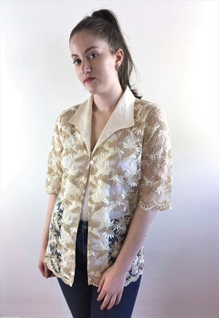 WOMENS VINTAGE 80S BLOUSE CREAM GOLD FLORAL SPARKLY TOP
