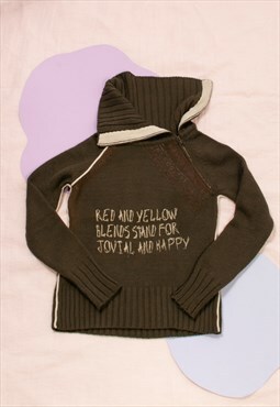 Vintage Knitted Jumper Y2K Text Printed Sweater in Khaki