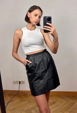 High Waisted Black Leather Mini Skirt with pockets