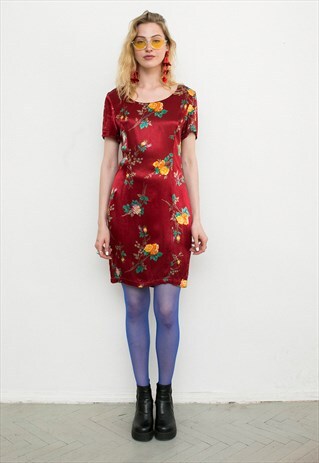 RED SILKY FLOWER VINTAGE MINI DRESS