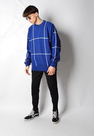 NAUTICA VINTAGE 90S BLUE STRIPED CHECK KNIT JUMPER