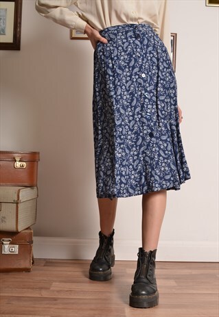 VINTAGE 80S FLORAL MIDI BUTTON SKIRT IN BLUE