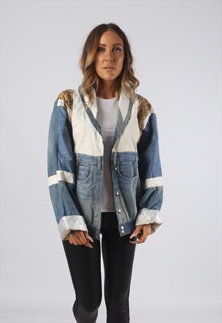 VINTAGE DENIM BOMBER JACKET LEATHER OVERSIZED 8 XS (JRBU)