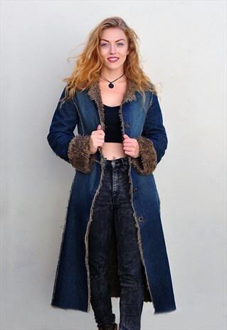 1990'S HIPPY GRUNGE FAUX FUR LINED DENIM MAXI COAT