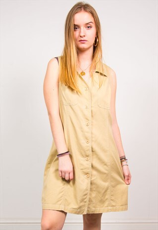 VINTAGE 90'S TAN BROWN DENIM MINI SHIFT DRESS