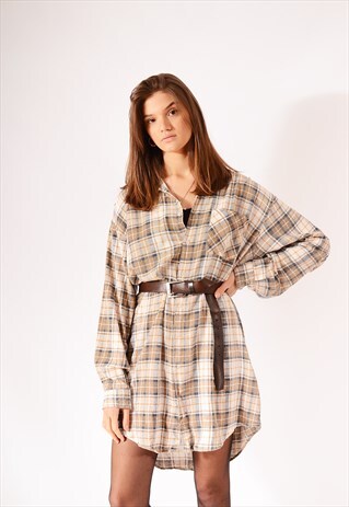 VINTAGE OVERSIZED CHECK FLANNEL SHIRT BROWN