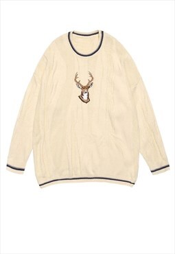 Deer embroidery sweater preppy cable knitwear jumper cream