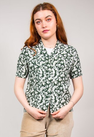 VINTAGE 90'S GREEN HAT PRINT PATTERN SHIRT BLOUSE