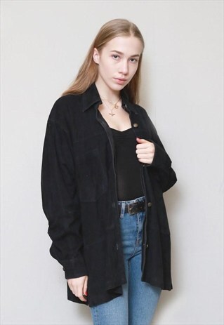 VINTAGE 1990'S BLACK SUEDE OVERSIZED SHIRT JACKET