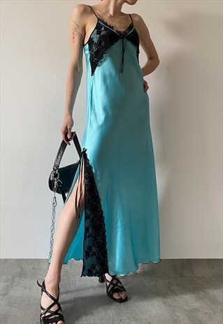 VINTAGE Y2K 00S SATIN MAXI BLUE DRESS WITH LACE TRIM