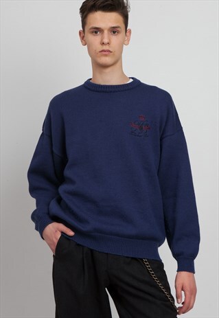 VINTAGE BLUE BOSS ROUND NECK KNIT JUMPER
