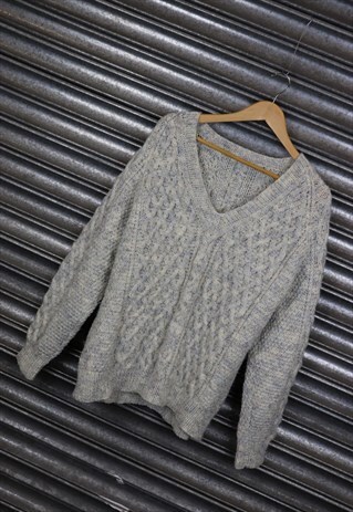 CABLE WOOL KNIT CREAM BLUE V-NECK JUMPER