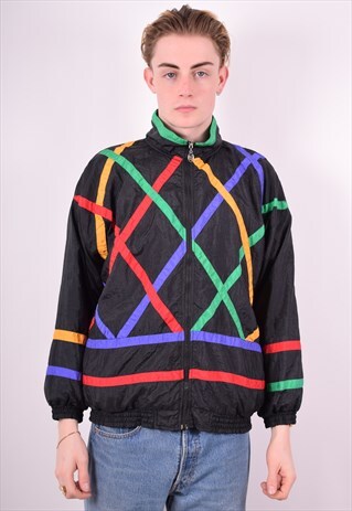 MENS VINTAGE TRACKSUIT TOP JACKET LARGE BLACK 90'S