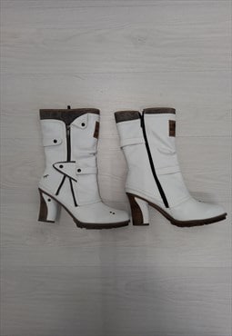 Mustang Ankle Biker Boots White Black Leather Heeled
