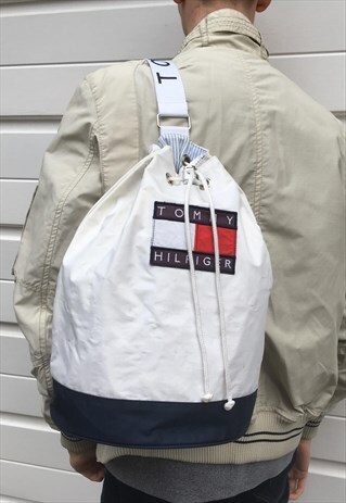 UNISEX VINTAGE TOMMY HILFIGER WHITE BLUE DUFFLE BAG HANDBAG