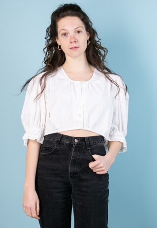 VINTAGE 70S BOHO CROP PUFFED PEASANT BRALETTE BLOUSE WHITE