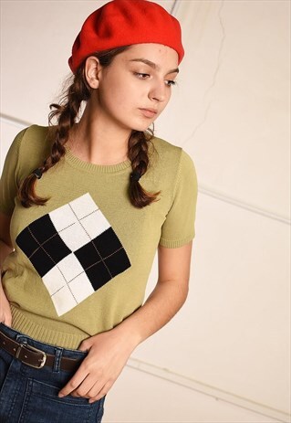 90'S RETRO ARGYLE PATTERN KNIT PARIS CHIC TEE TOP