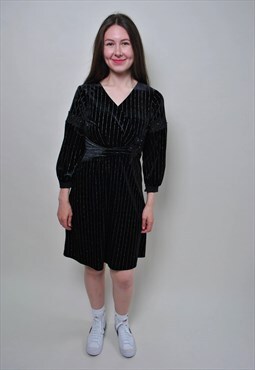 Vintage velvet dress, 90's striped black midi dress