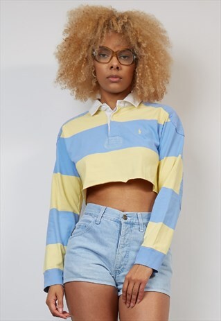 VINTAGE 90'S RALPH LAUREN BLUE/YELLOW STRIPE REWORK CROP TOP