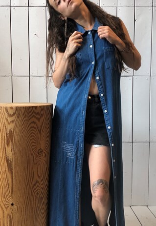 VINTAGE SVLS DENIM LONG BUTTON UP W. SASHIKO MENDING IN BLUE